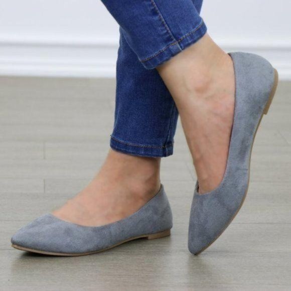 Shoes - Gray Vegan Suede Pointy Toe Flat Shoes